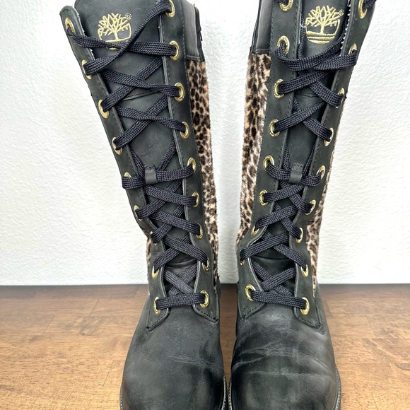 Vintage Timberland women’s knee high combat boots. Leopard print w/blk leather - Picture 5 of 12